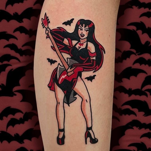 Devilish Red-Dress Pinup Tattoo Design
