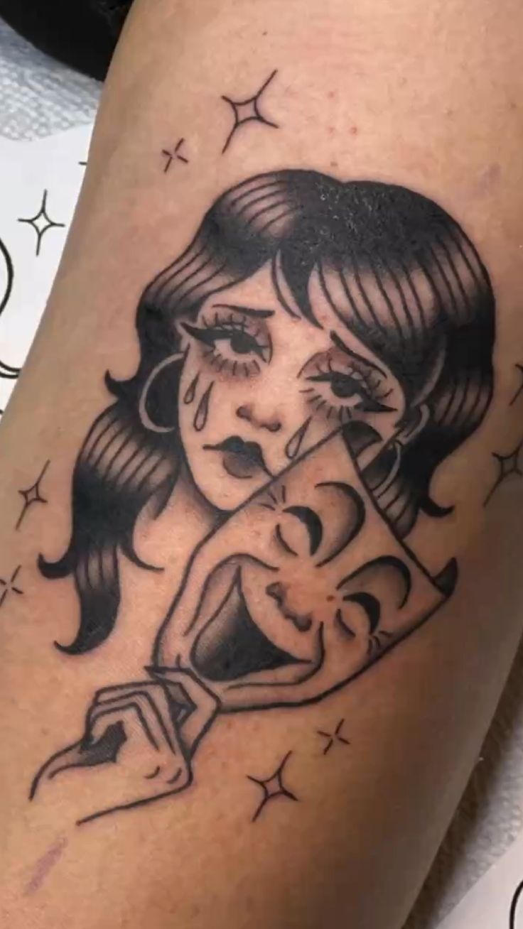 Drama Mask Pin-Up Girl Tattoo Design