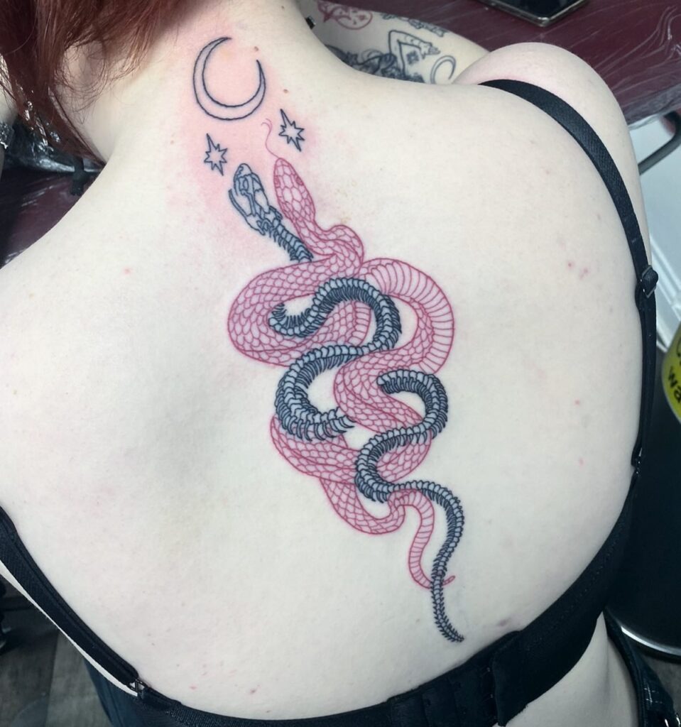Dual Snake and Crescent Moon Back Tattoo Tattoo Design