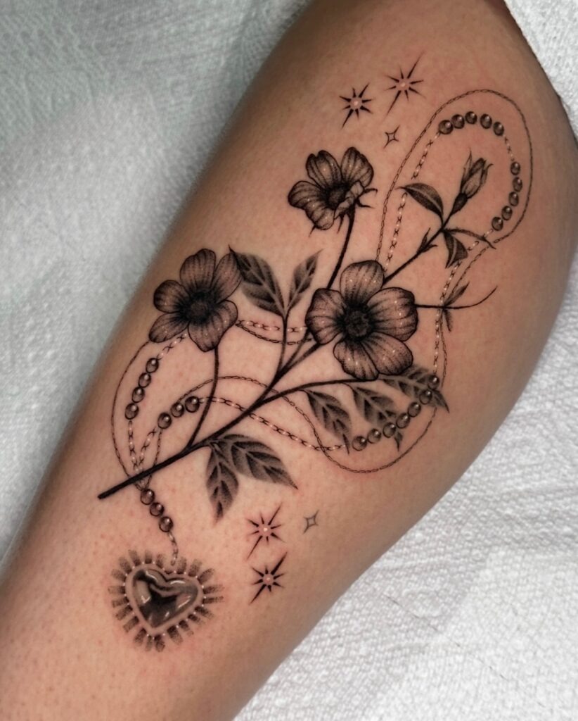 Floral and Rosary Heart Tattoo Tattoo Design