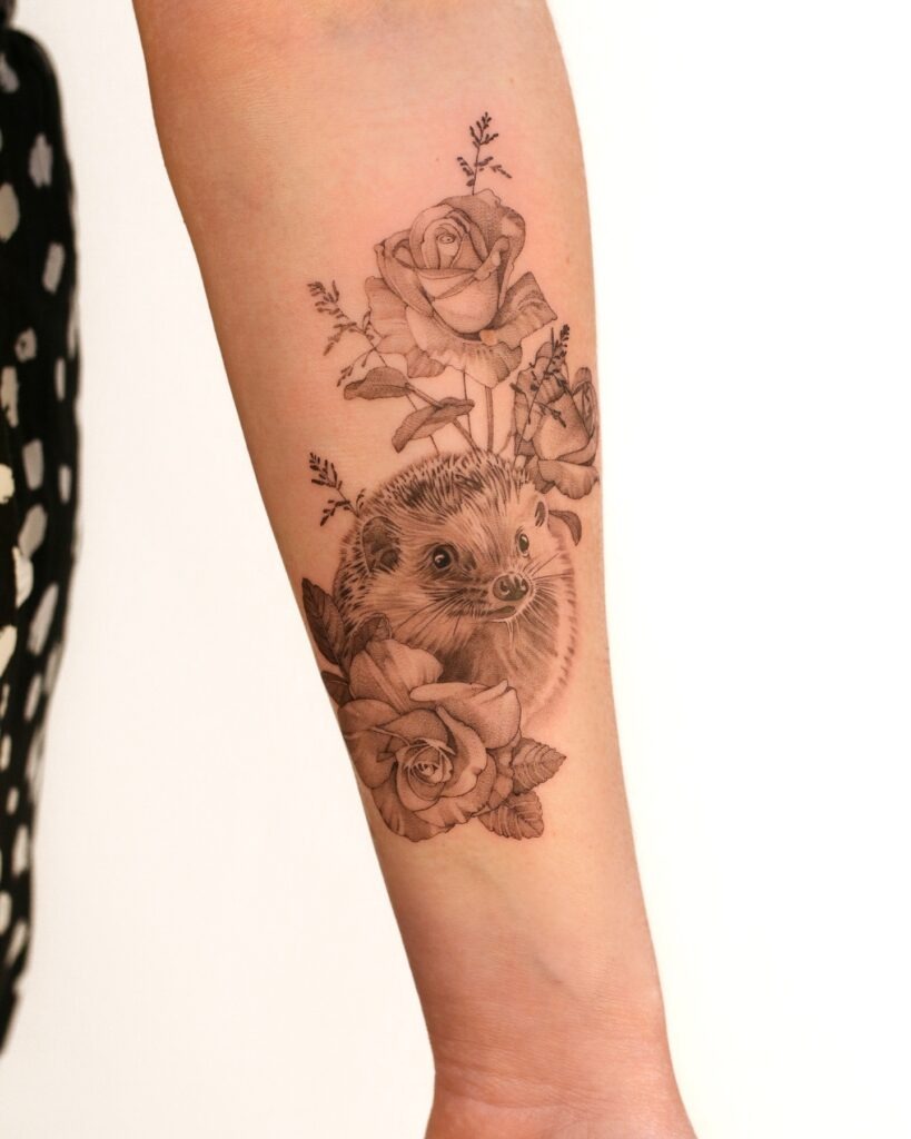 Hedgehog and Roses Forearm Tattoo Tattoo Design