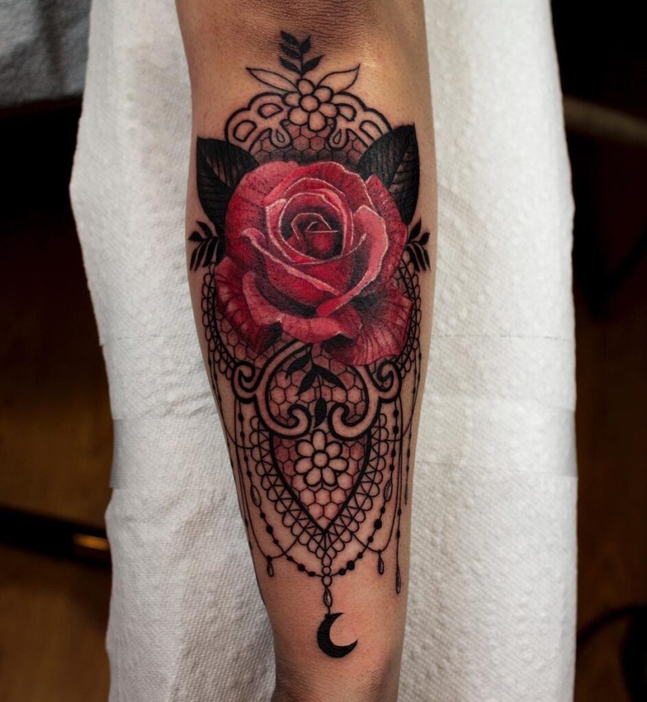 Red Rose and Ornamental Forearm Tattoo Tattoo Design