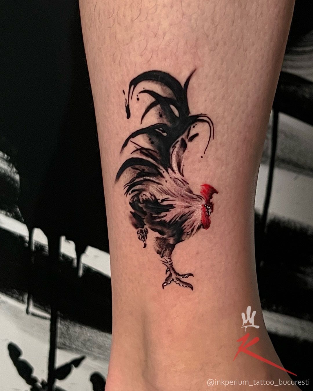 Brushstroke Rooster With Ink Splashes Tattoo Design
