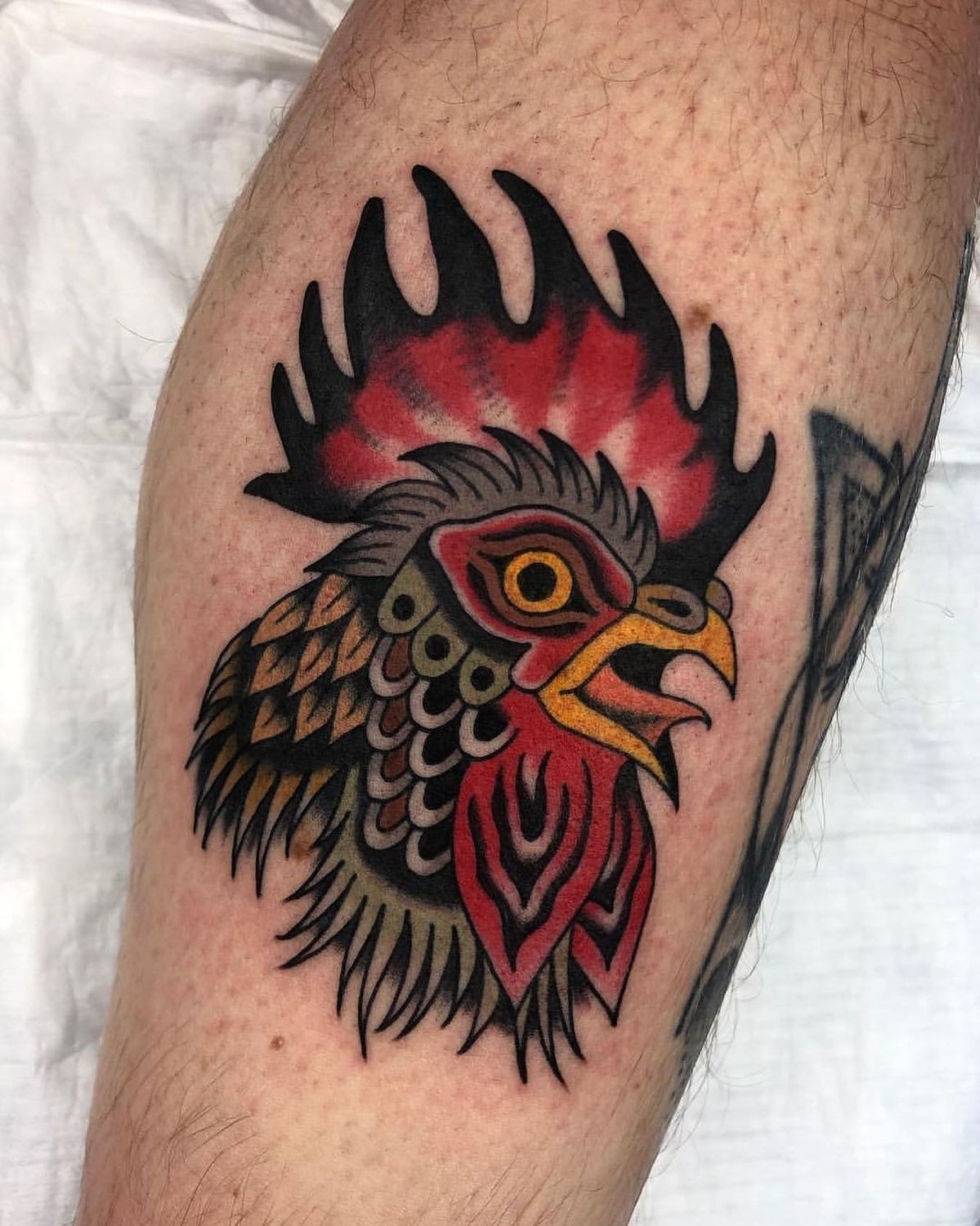 Classic Rooster Head In Bold Color Tattoo Design