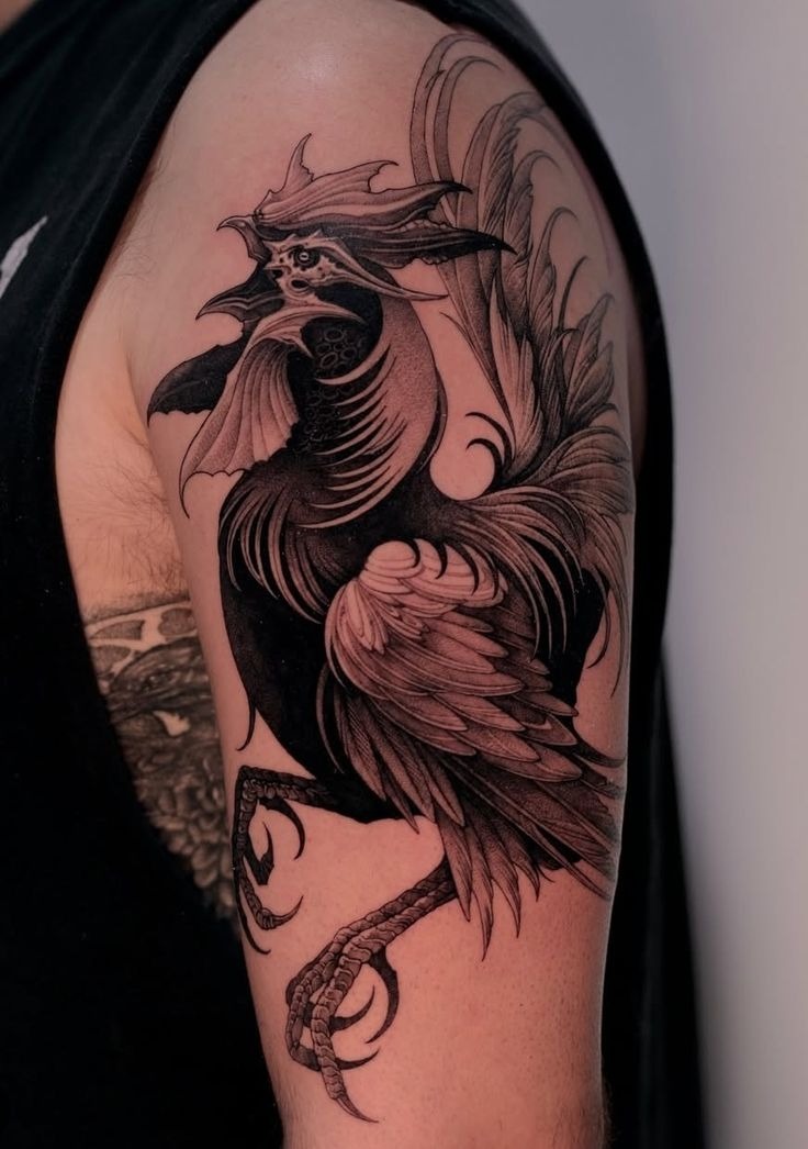 Dramatic Black Rooster Shoulder Piece Tattoo Design