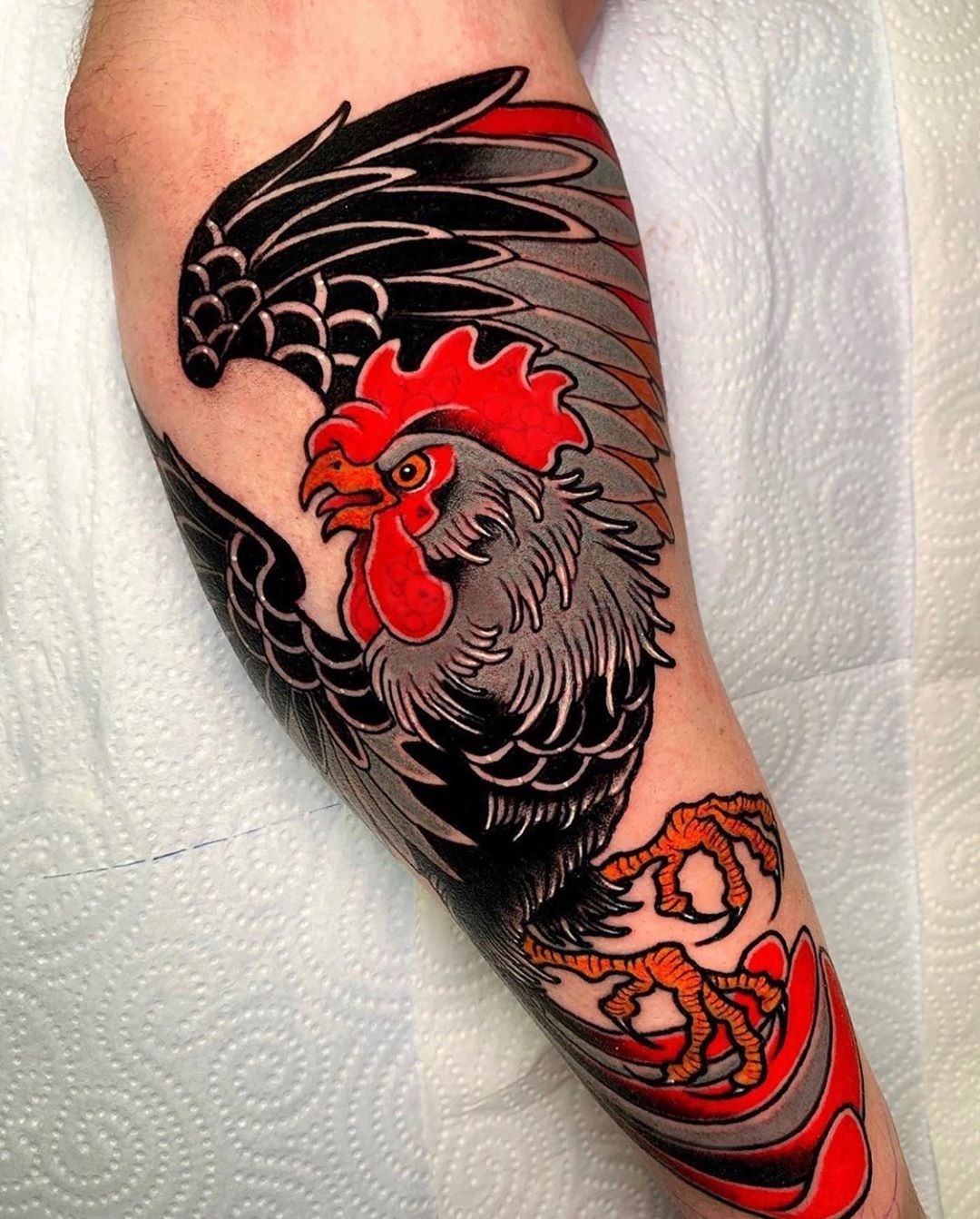 Fierce Neo-Traditional Rooster With Red Waves Tattoo Design