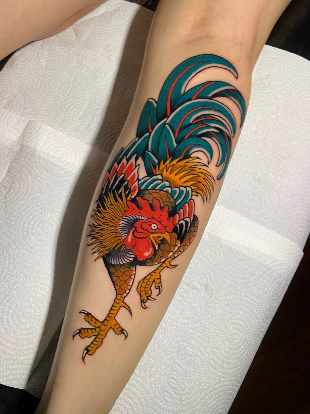 Fierce Standing Rooster Leg Piece Tattoo Design