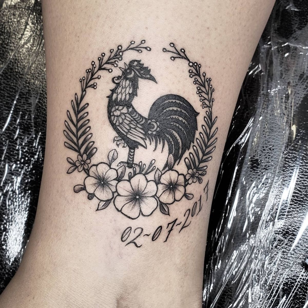 Floral Wreath Rooster With Date Tattoo Design