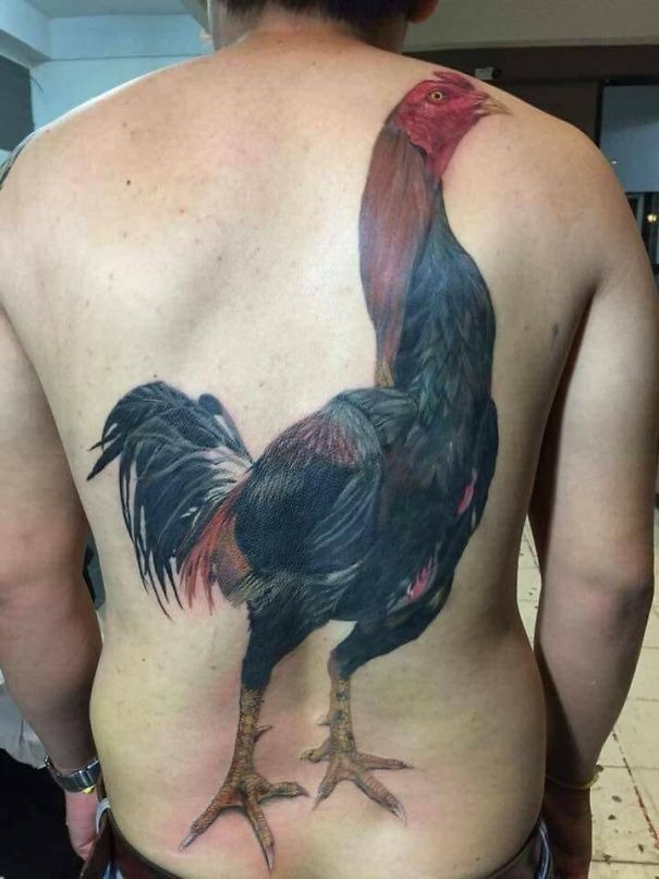 Full-Back Relaxing Rooster Statement Tattoo Design