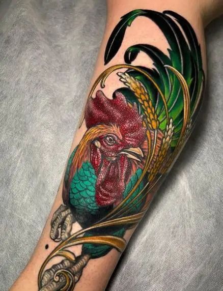 Harvest Rooster With Golden Wheat Tattoo Design