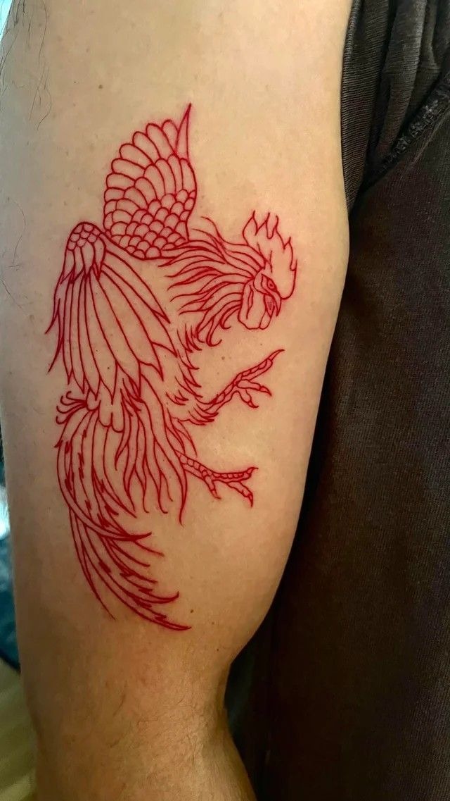Single-Line Red Rooster Outline Tattoo Design