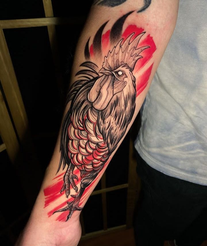 Striking Rooster With Red Accent Background splash Tattoo Design