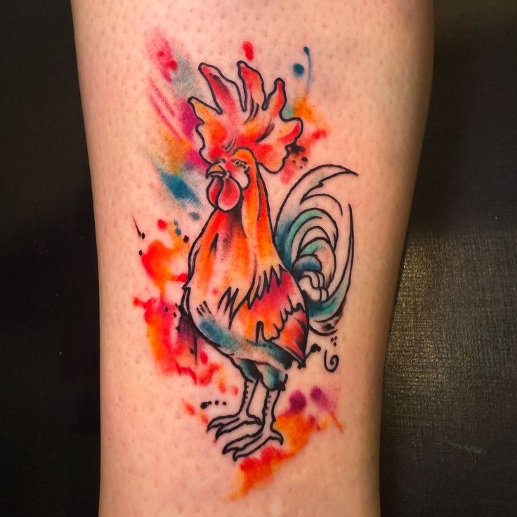 Watercolor Rooster Splash Tattoo Design