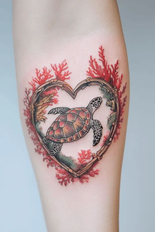 The heart-shaped coral reef surrounds a sea turtle design that combines warm reds and oranges with earthy greens to create an elegant and natural image.