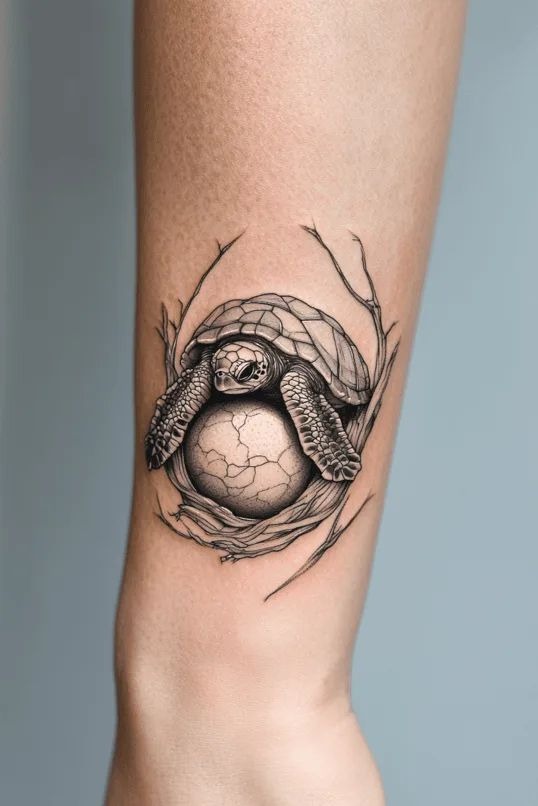 A newborn sea turtle emerging from its shell forms the basis of this meaningful tattoo that stands as a true representation of real meaning.