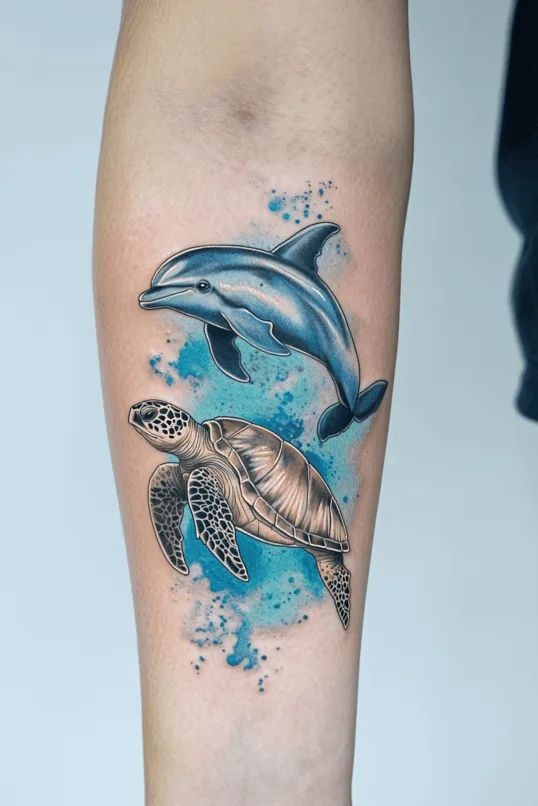 This magical tattoo shows the perfect combination of a sea turtle under a dolphin while water splashes create a delightful aquatic effect.