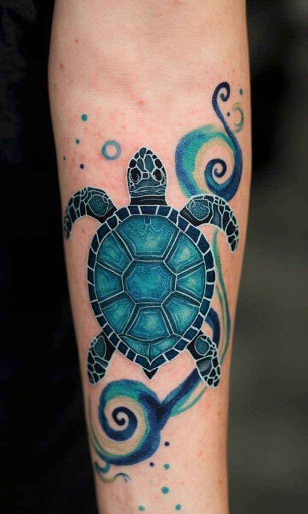 This watercolor tattoo concludes our list by featuring a blue-toned sea turtle with moving, elegant waves among its designs.