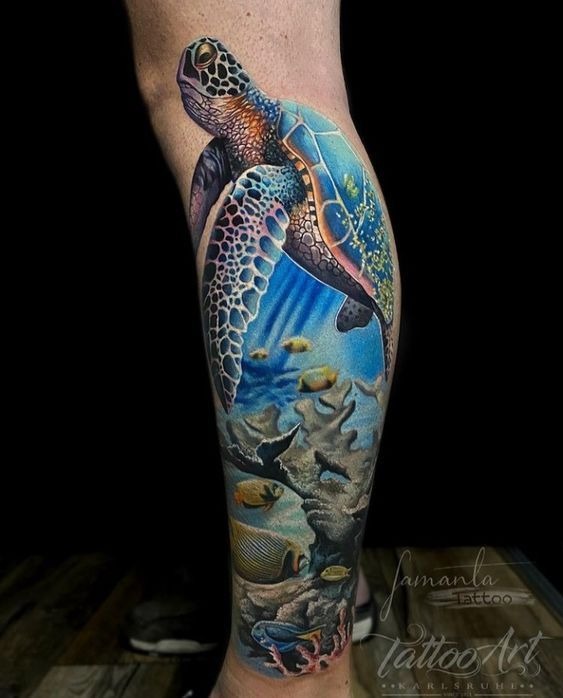 A colorful tattoo shows full visual power as an animal swims through a dynamic environment.