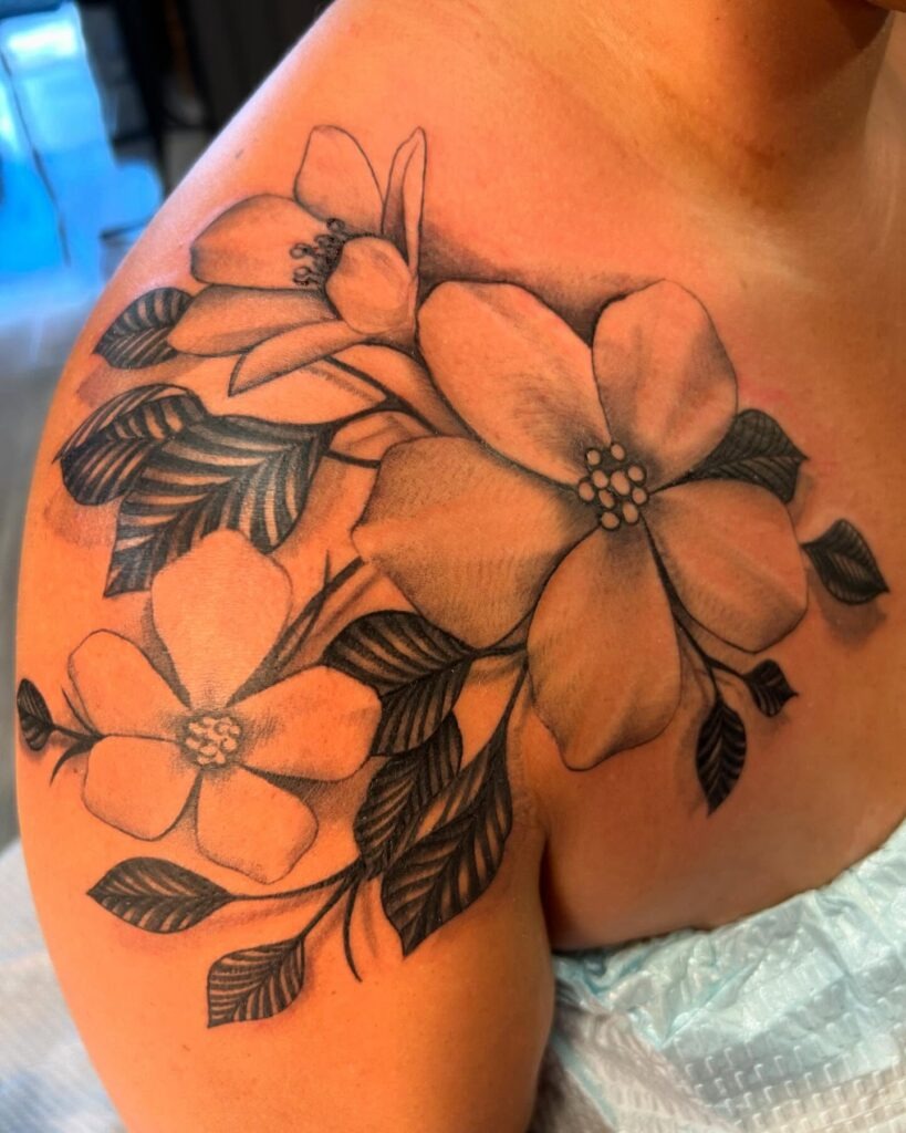 Realistic Black and Gray Rose Shoulder Tattoo Tattoo Design