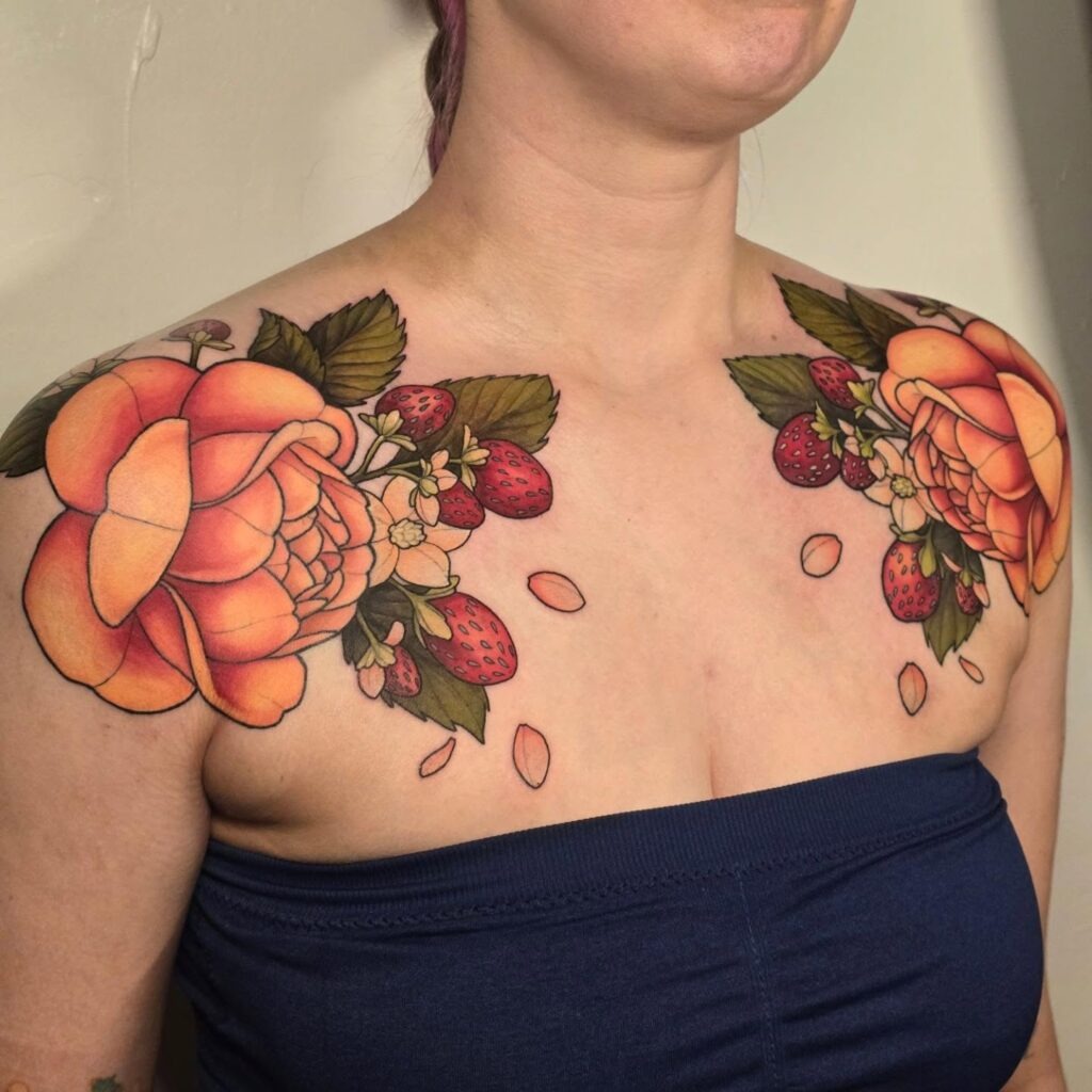 Romantic Peony and Rose Shoulder Tattoo Tattoo Design