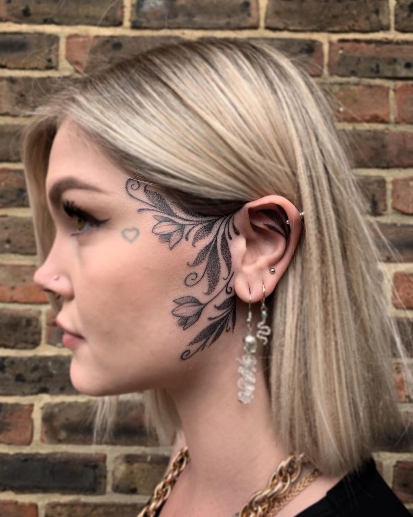 Ornamental Floral Design by the Ear Tattoo Design