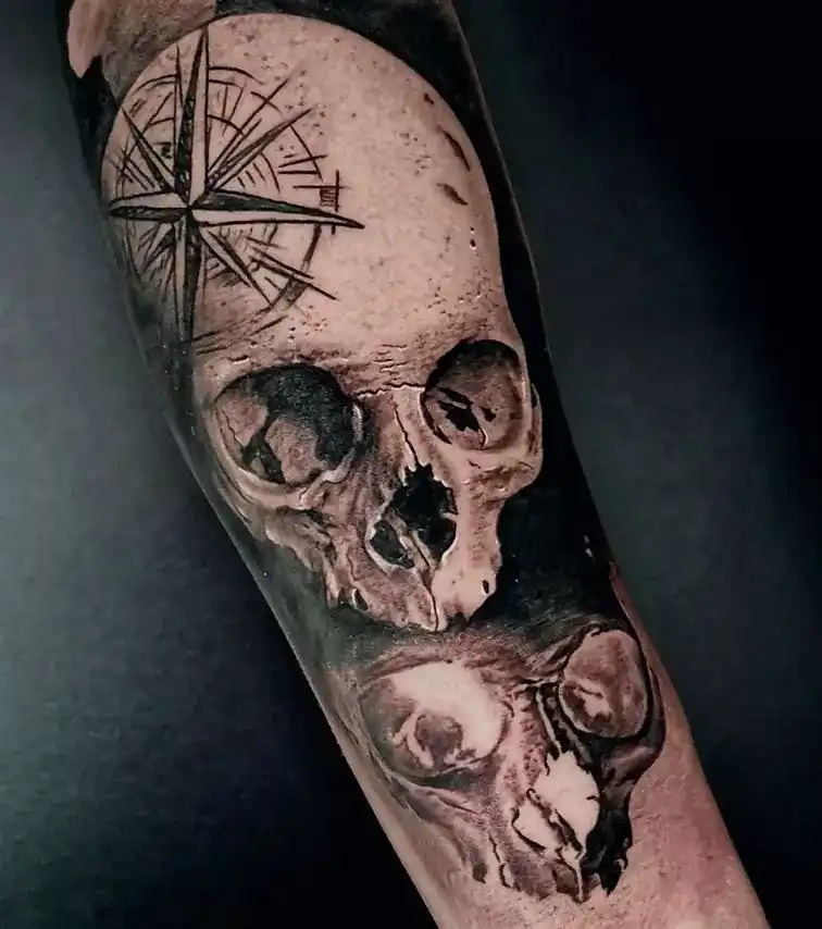 Skull with Feather and Rose Sleeve Tattoo Tattoo Design