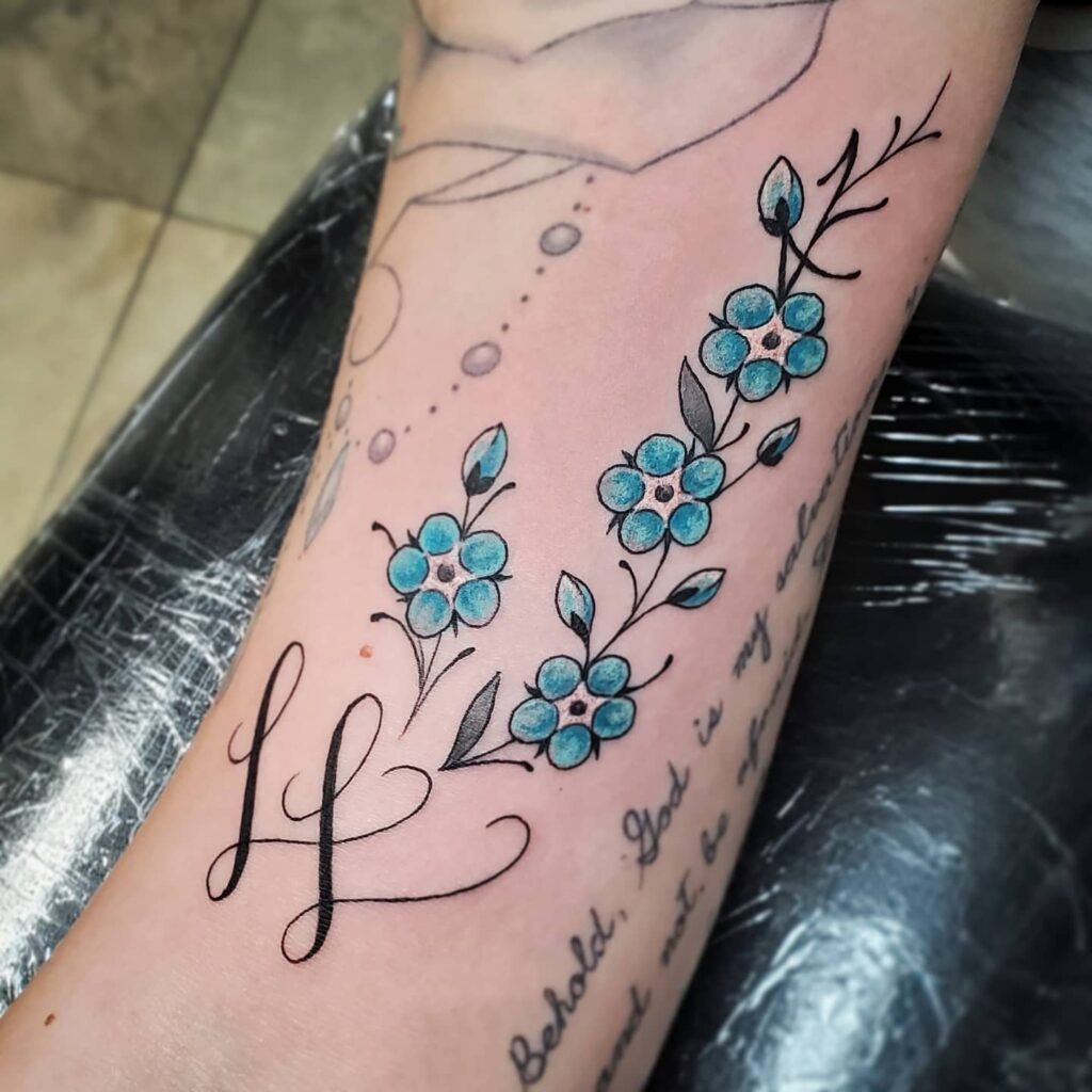 Blue Floral and Script Sleeve Filler Tattoo Design