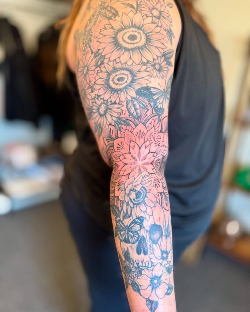Floral and Butterfly Dotwork Sleeve Filler Tattoo Design
