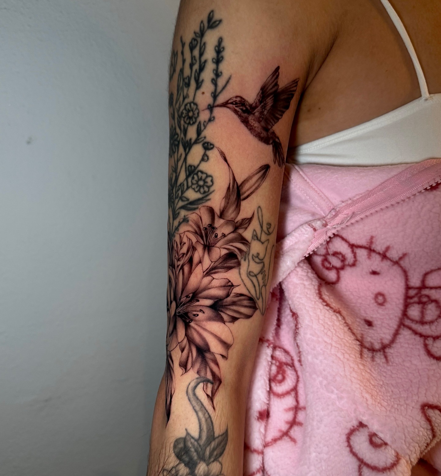 Hummingbird and Lily Sleeve Filler Tattoo Design