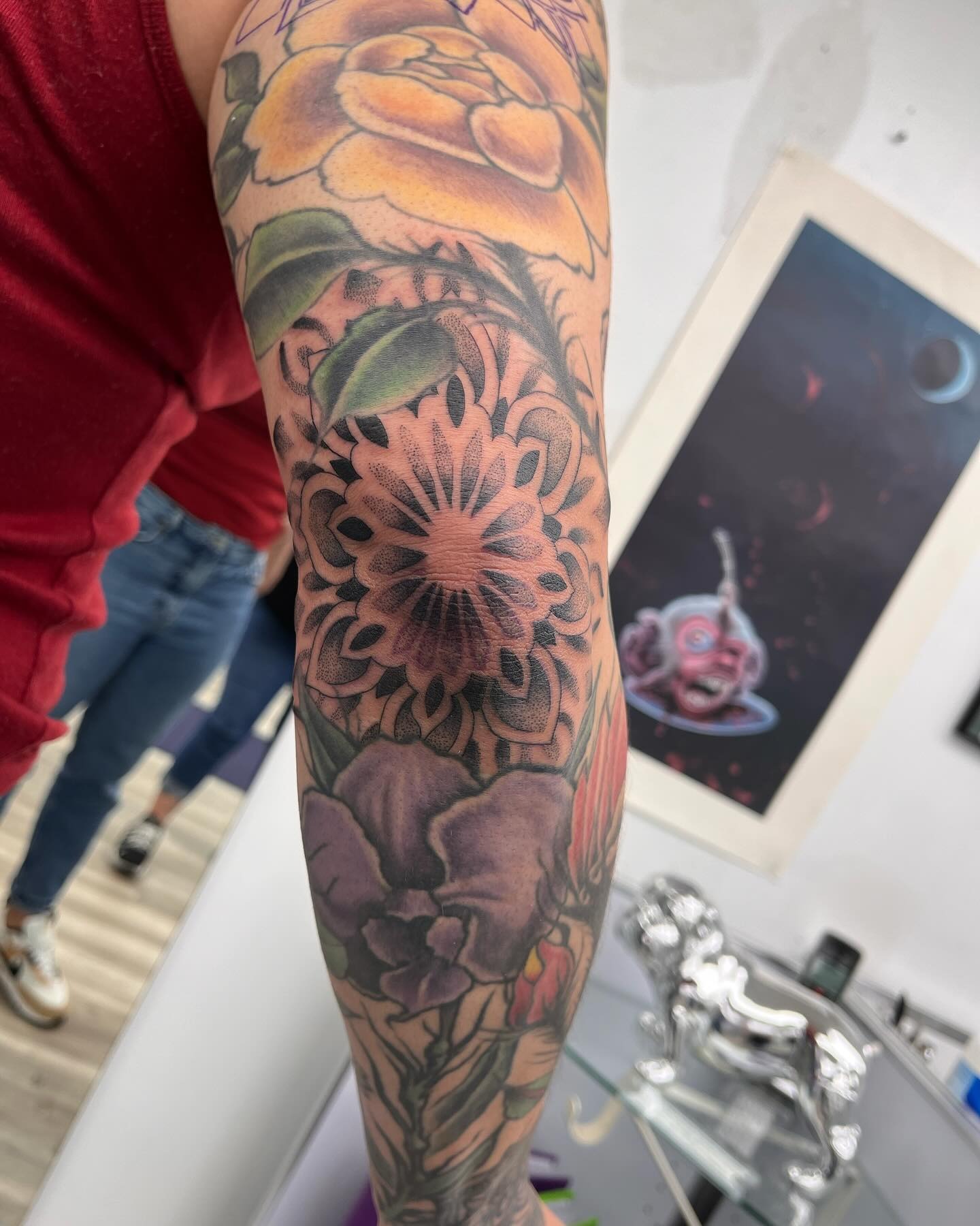 Mandala Dotwork Sleeve Filler on Elbow Tattoo Design