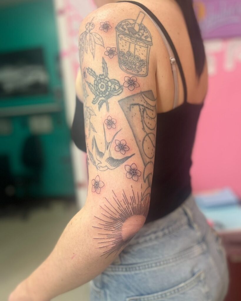 Radiant Sun and Cherry Blossom Sleeve Filler Tattoo Design