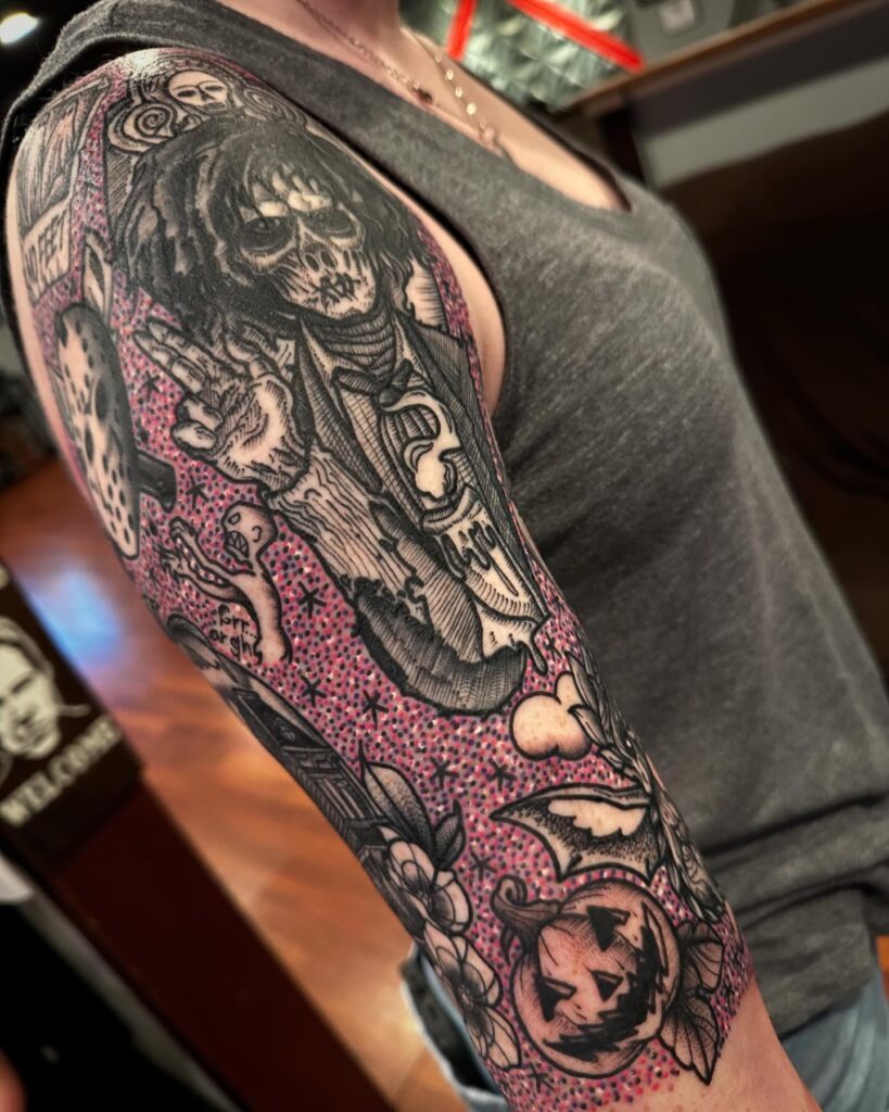 Spooky Dotwork Sleeve Filler with Halloween Vibes Tattoo Design