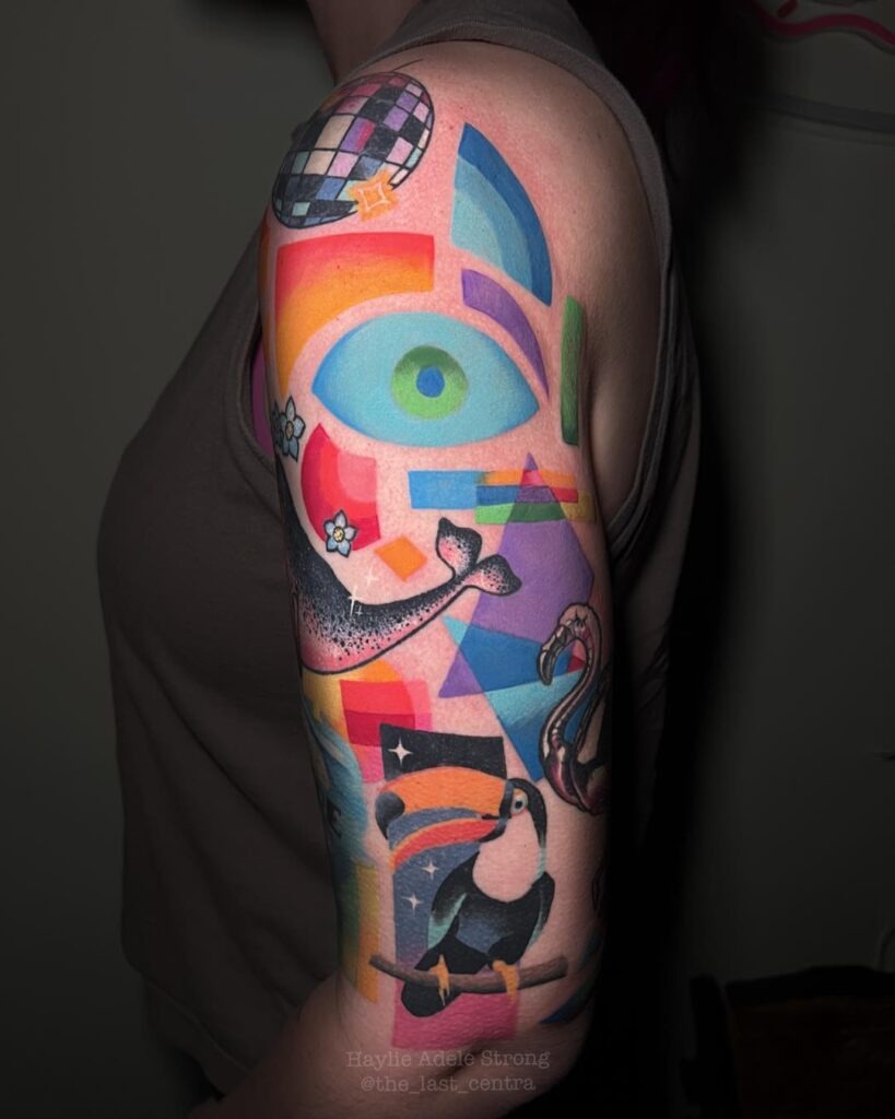 Vibrant Color Block Sleeve Filler Tattoo Design