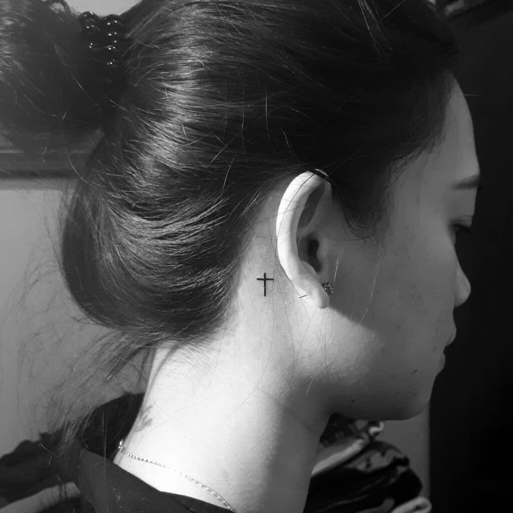 Black Cross Behind Ear Tattoo Tattoo Design