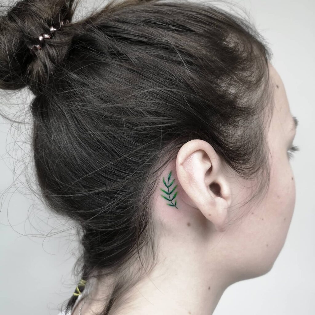 Delicate Green Leaf Behind Ear Tattoo Tattoo Design
