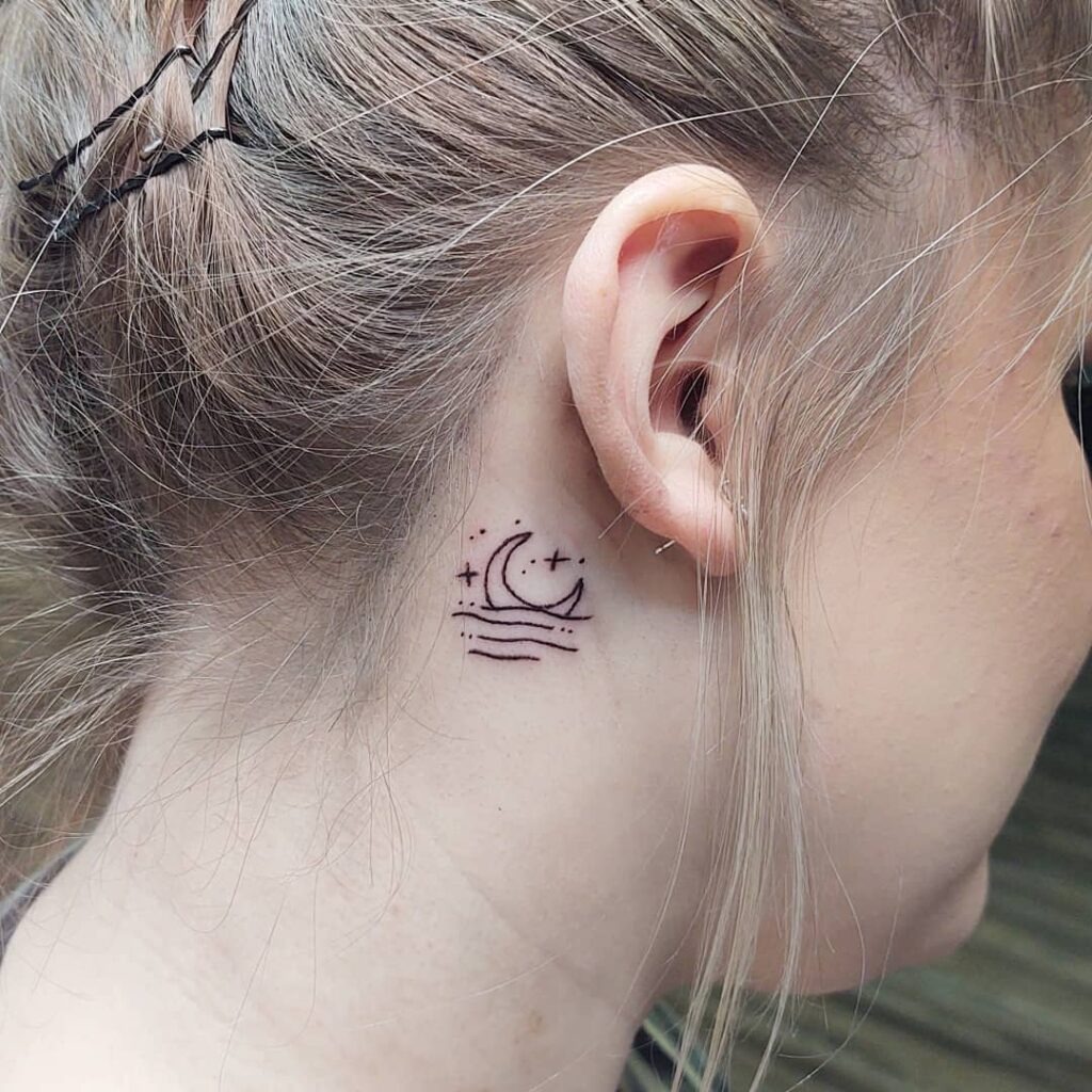 Minimal Crescent Moon and Stars Behind the Ear Tattoo Design