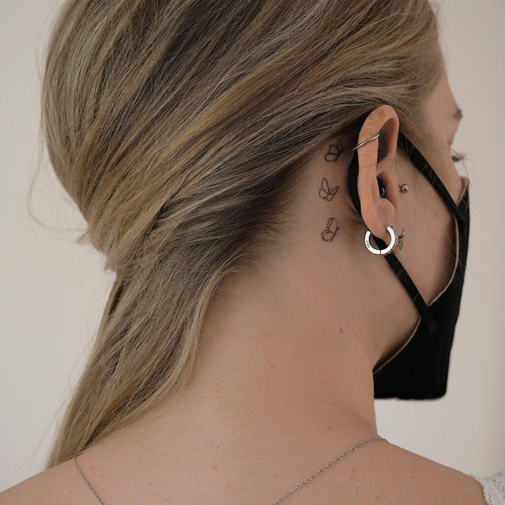 Three Outline Butterflies Behind Ear Tattoo Tattoo Design