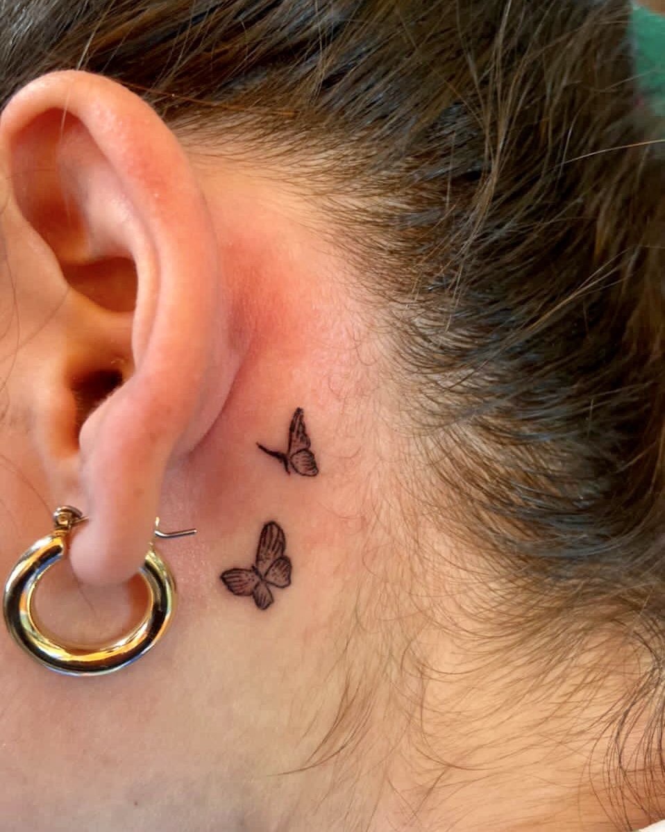 Two Mini Butterflies Behind Ear Tattoo Tattoo Design