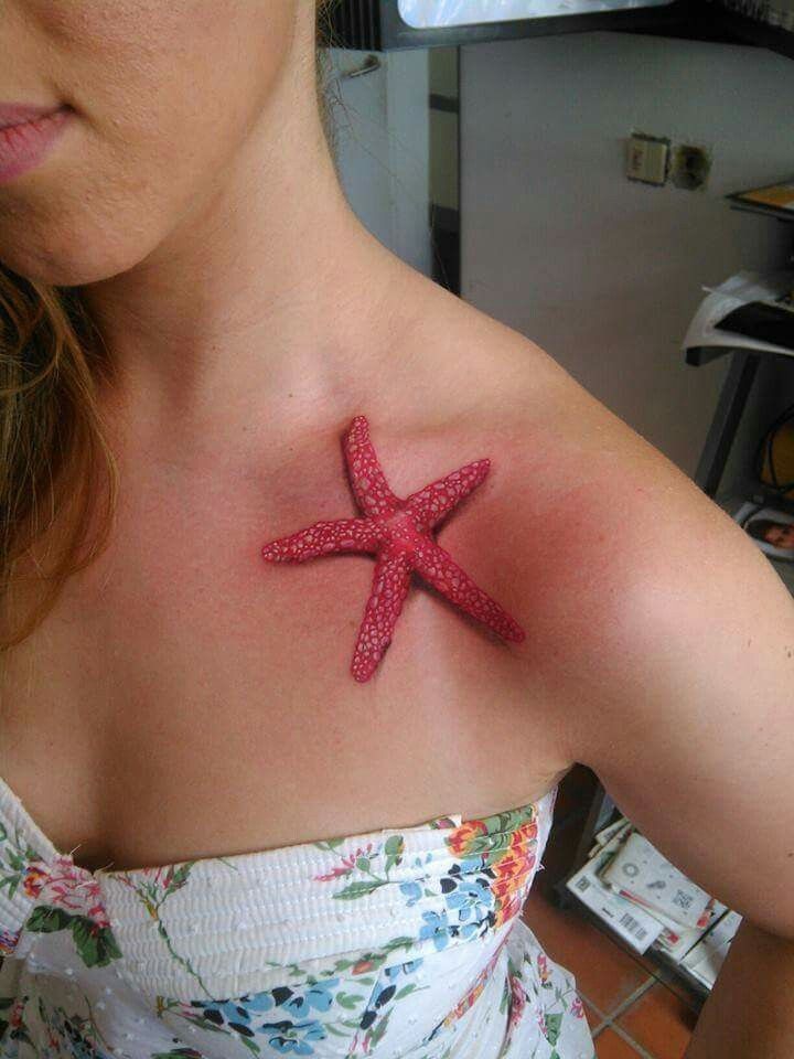 Bold Red and Blue Hand Starfish Tattoo Tattoo Design