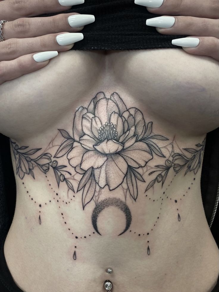 Crescent Moon and Peony Fusion Tattoo Design
