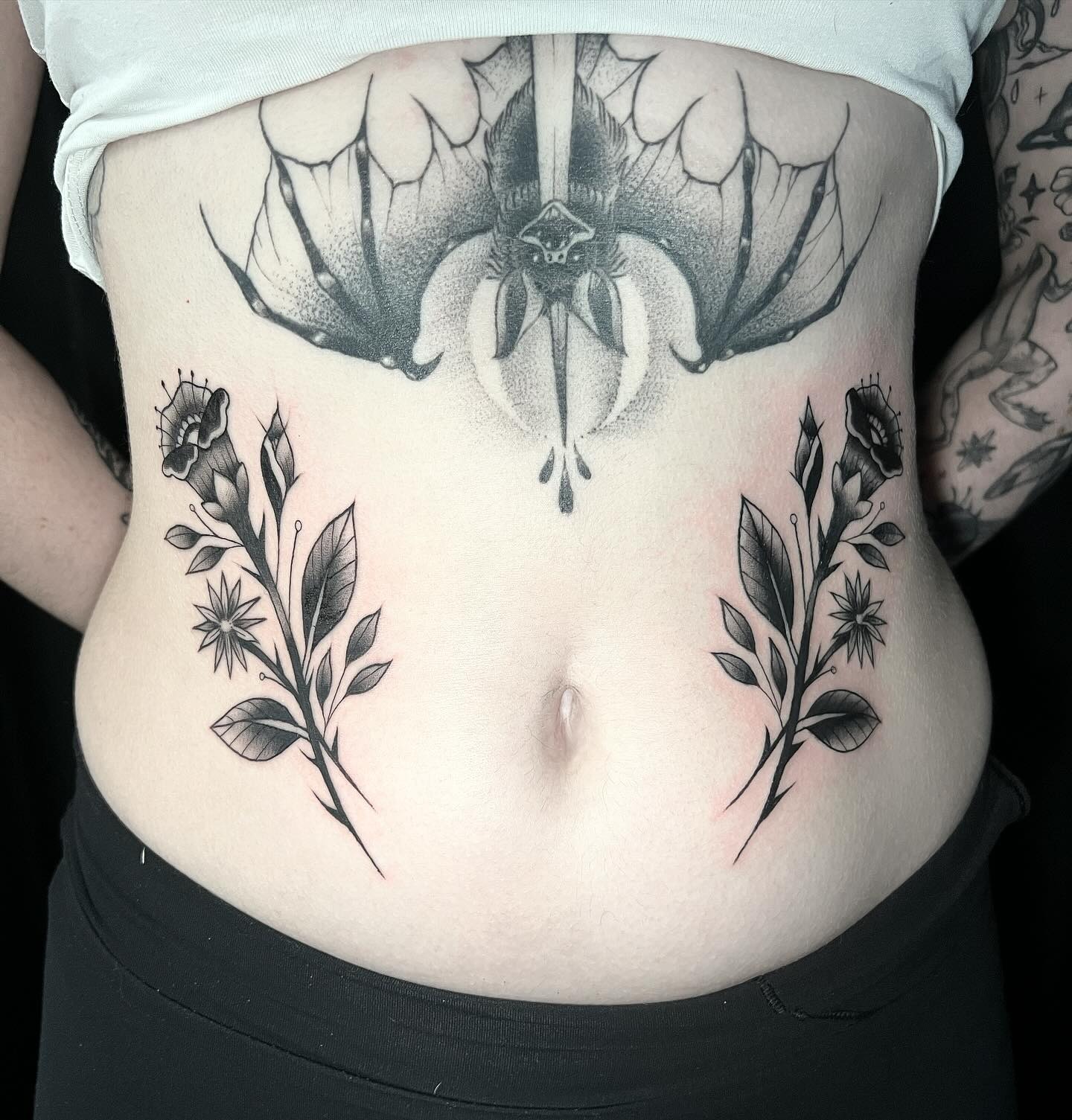 Bat and Botanical Stomach Tattoo Tattoo Design