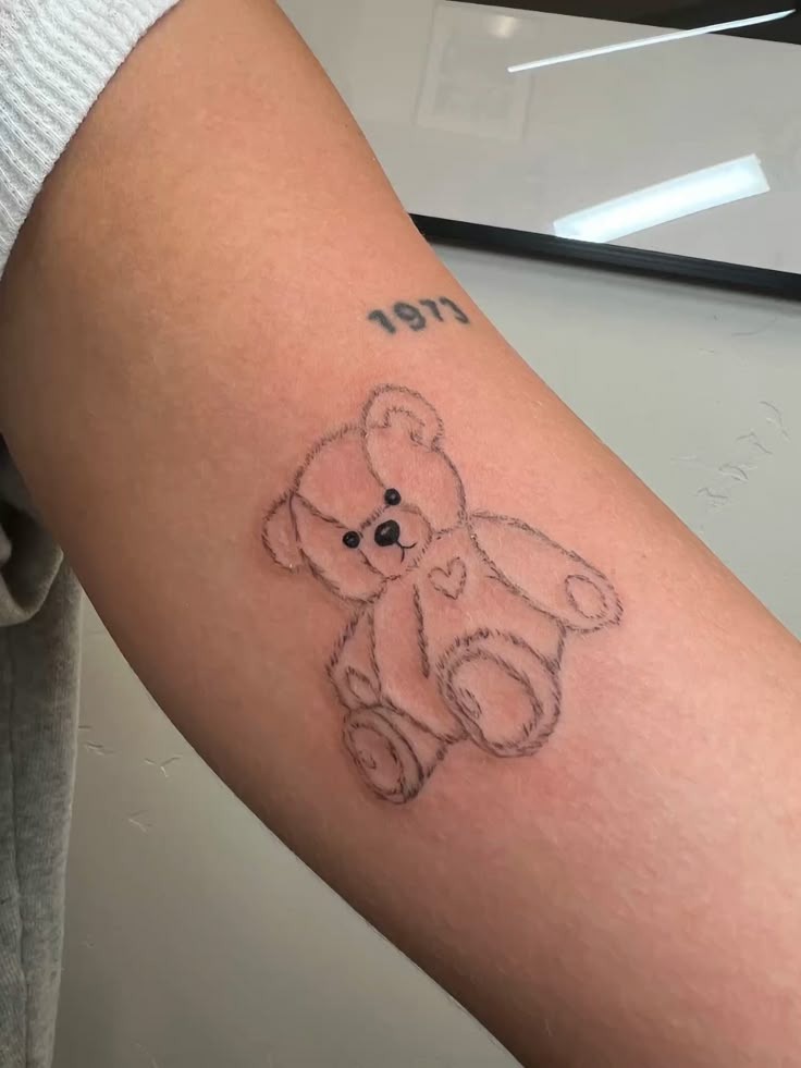 Simple Teddy with Heart Outline Tattoo Design