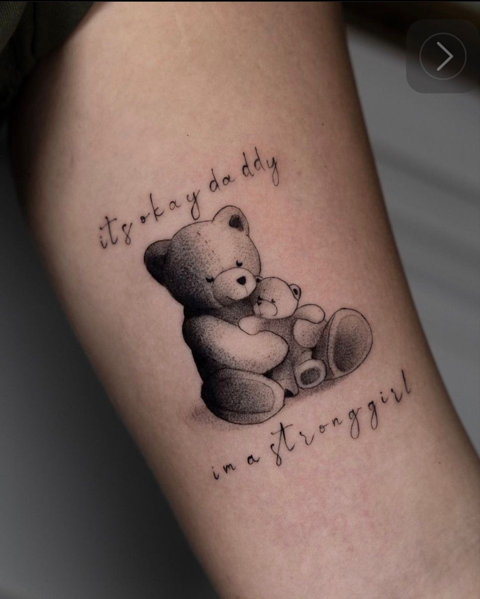 Teddy Hugging Little Bear with Script Tattoo Design