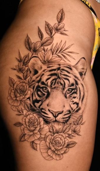A Floral-Tiger on the Hip Tattoo Design