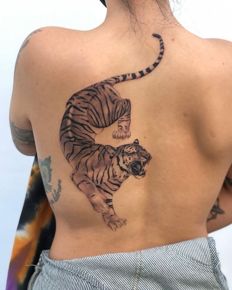 Detailed Tiger with Roses on the Thigh Tattoo Design
