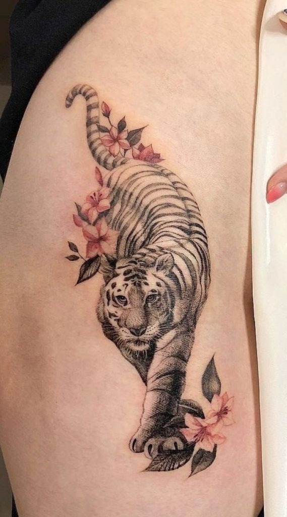 Flower-Adorned Tiger Tattoo Design