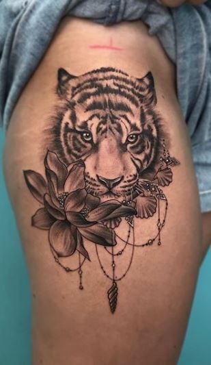 Side-Body Tiger with Floral Accents Tattoo Design
