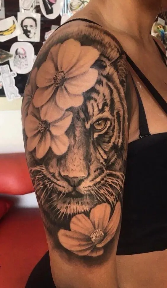 The Graceful Tiger with Floral Detail Tattoo Design