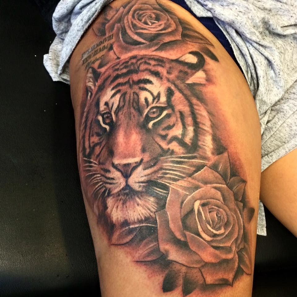 Tiger and Lotus Floral Fusion Tattoo Design