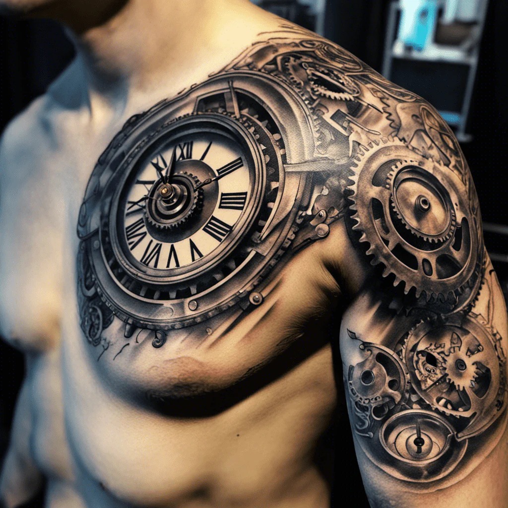 A striking chest tattoo featuring a detailed clock entwined with gears and cogs.